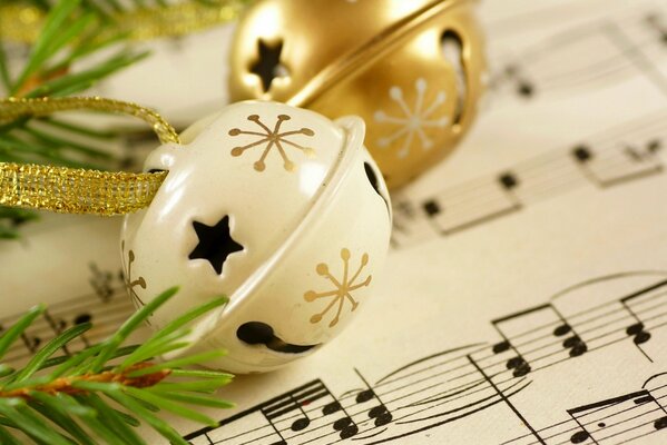 Christmas balls on a music notebook