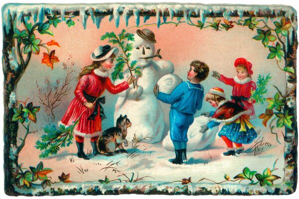 Carte postale Vintage avec enfants et bonhomme de neige