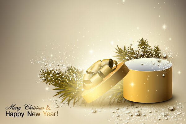 New Year s gift in a golden box on the background of a fir twig