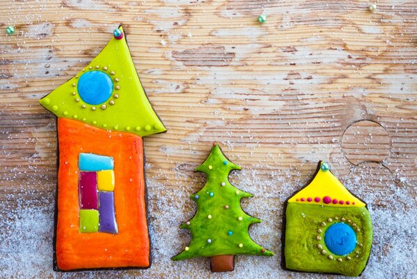 Bright, Christmas toys : houses and a Christmas tree