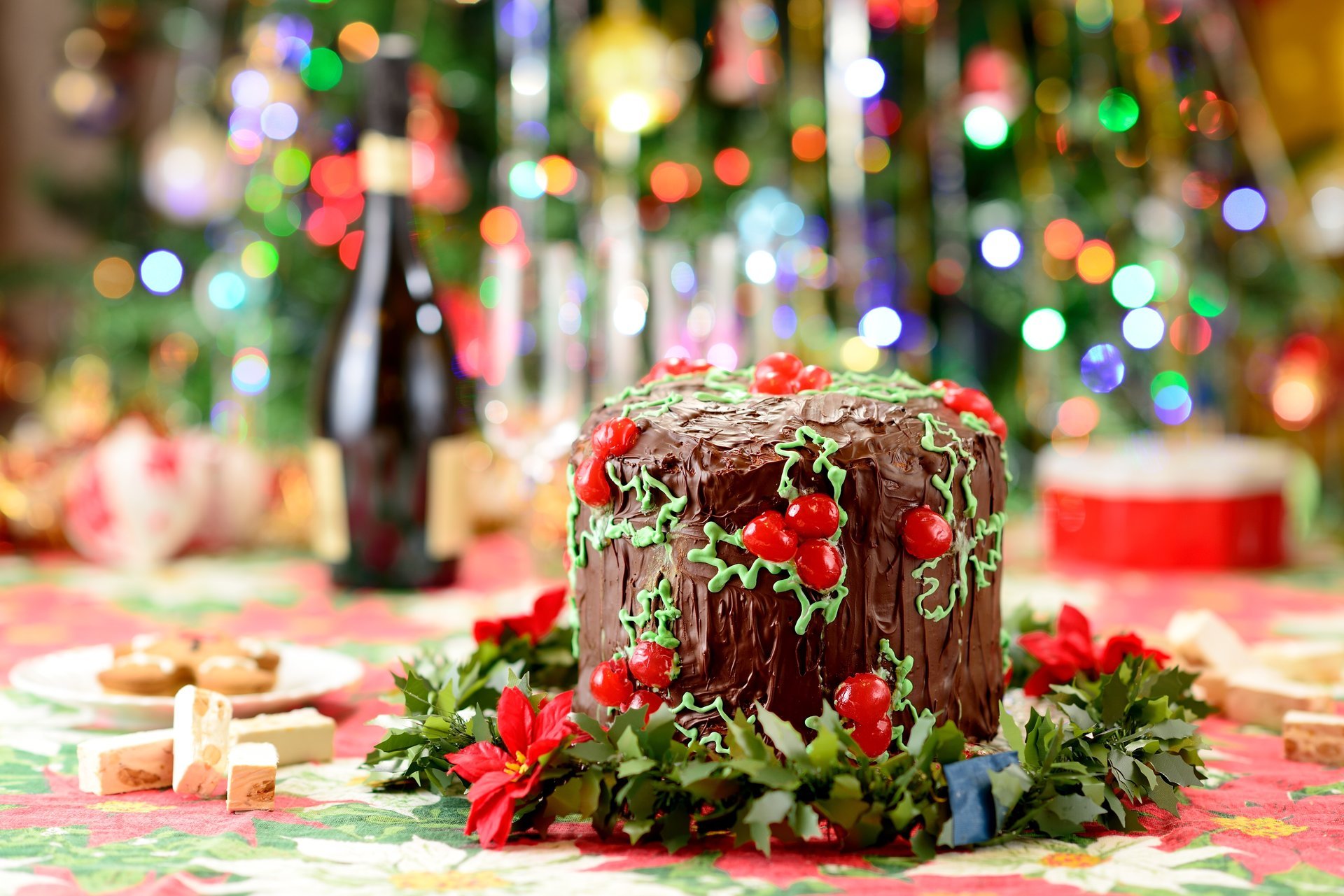 cake cake pastries chocolate food holidays winter table bokeh lights new year christma