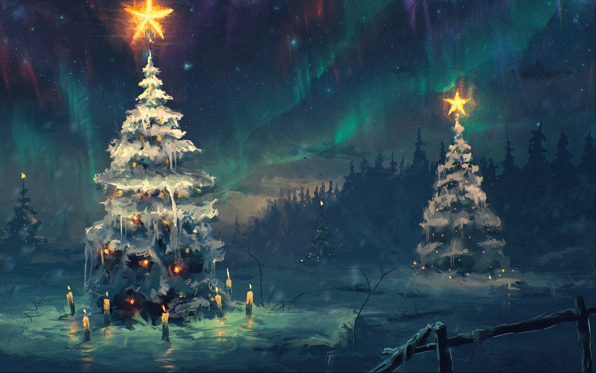 northern lights sky stars night winter christmas trees snow candles star new year 2015