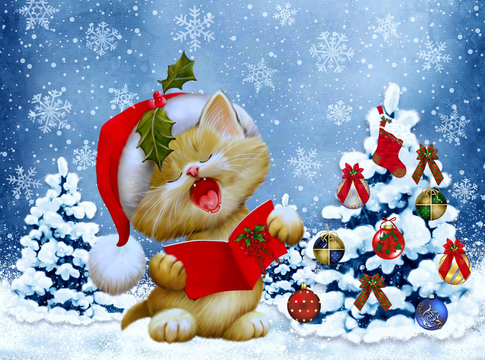 christmas new year tree winter snow winter snowflakes cat christmas tree