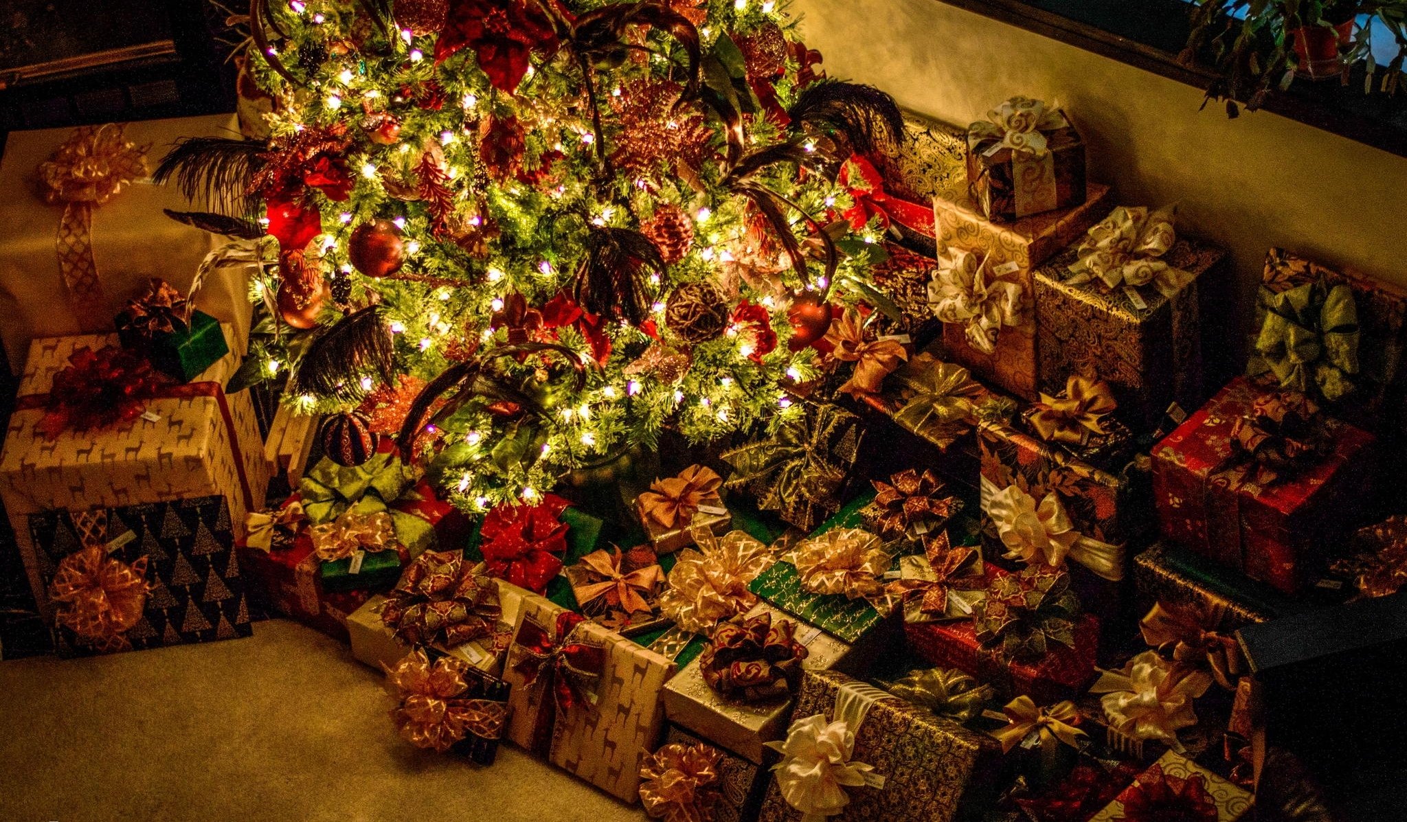 nouvel an vacances nuit arbre de noël cadeaux lumières