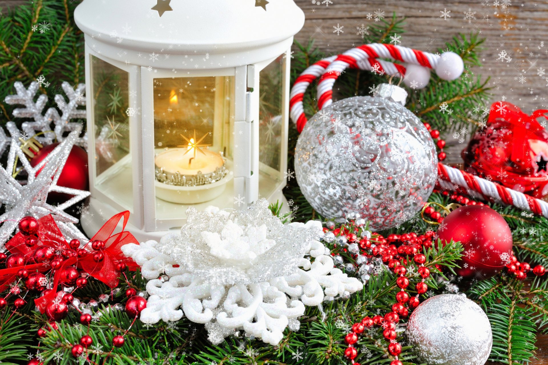 fir branches lantern tinsel balls snowflakes decorations composition decoration