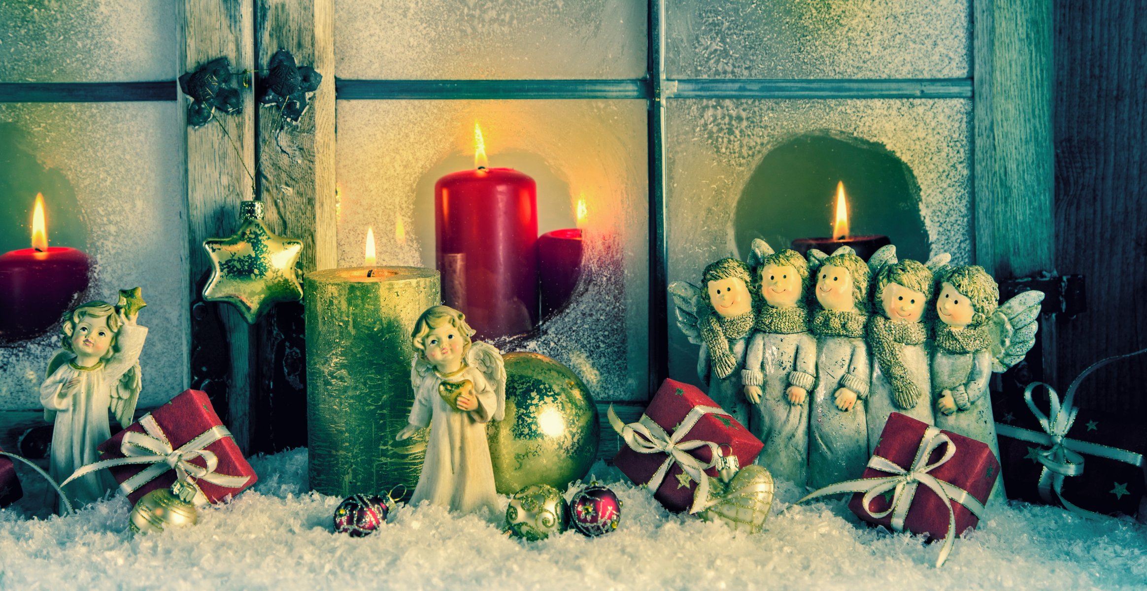 feliz navidad feliz año nuevo vintage decoración juguetes ángeles velas