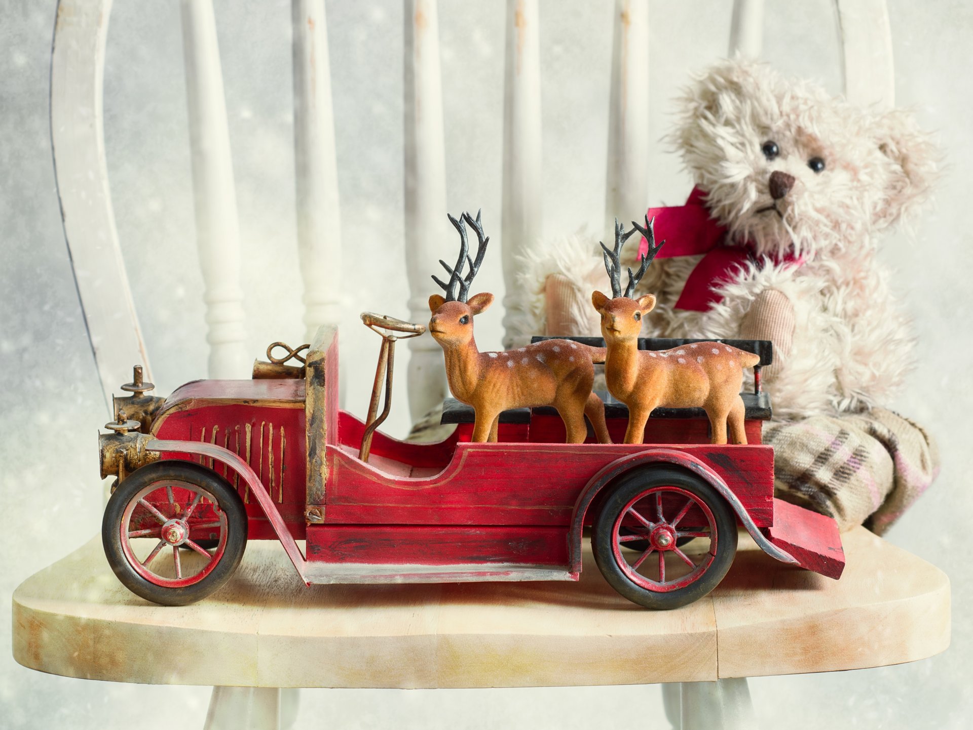 coche auto ciervos oso de peluche silla