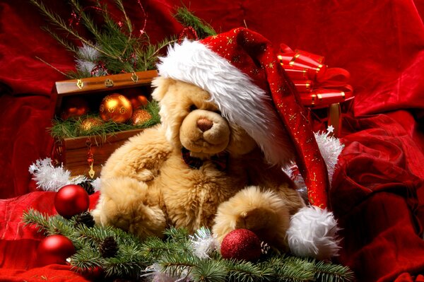 Orso-Babbo Natale in decorazioni sul ramo dell albero di Natale