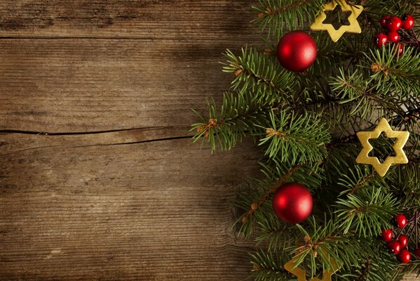 Spruce branches on a wooden background