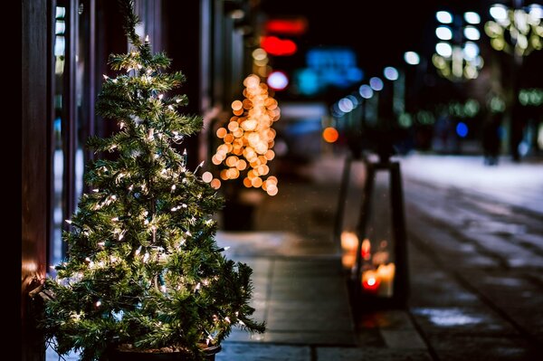 Rue du soir au nouvel an, arbre de Noël et guirlandes