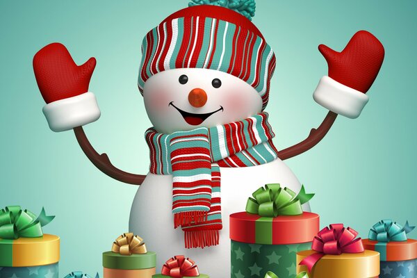 Merry Christmas snowman with gifts