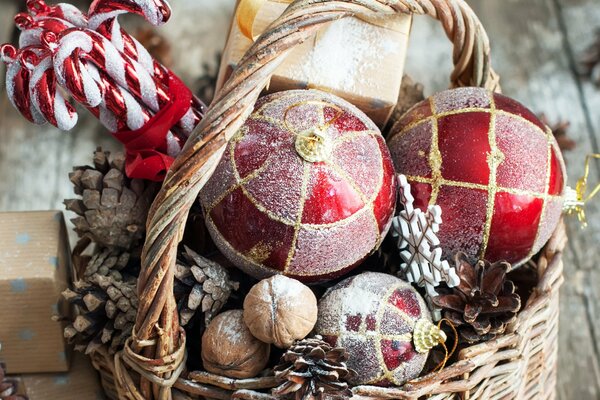 Christmas toys in the basket. Christmas balls and cones