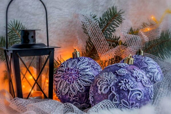 New Year s mood. Christmas tree toys, cones, snow and branches of the Christmas tree