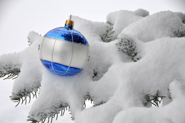 A white and blue ball on a Christmas tree branch in the snow