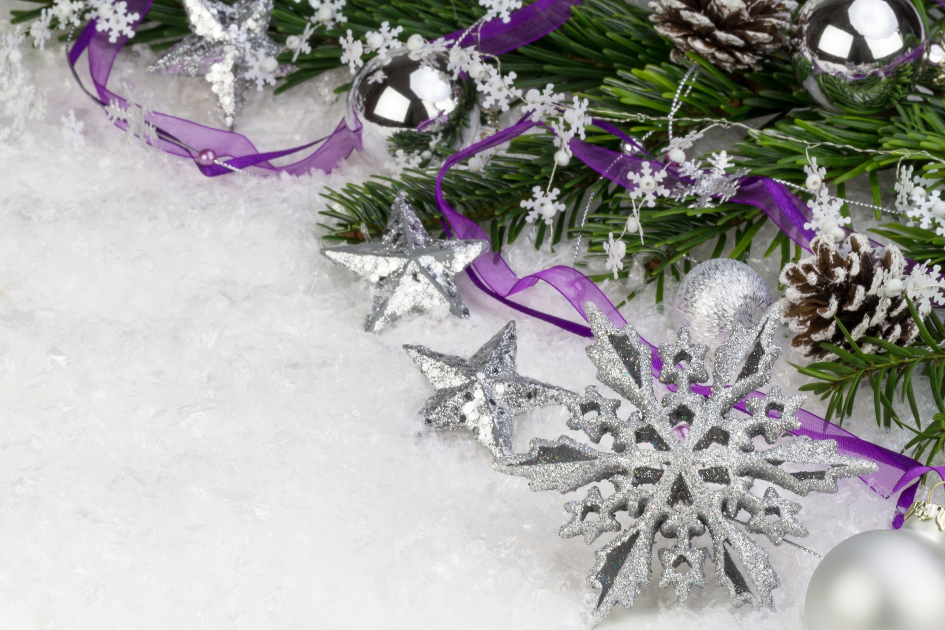 fiocco di neve coni nastro viola palle di neve albero di natale stelle argento decorazioni ramo abete nuovo anno natale