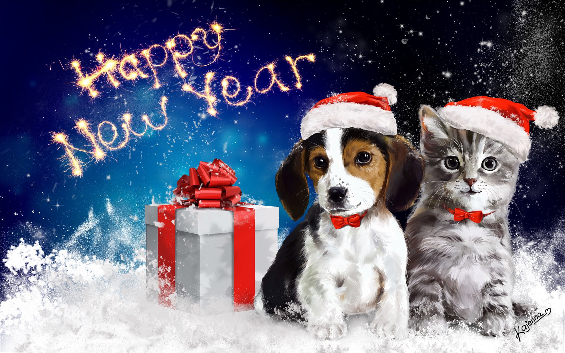 happy new year new year art animals cat dog present packaging bow snow