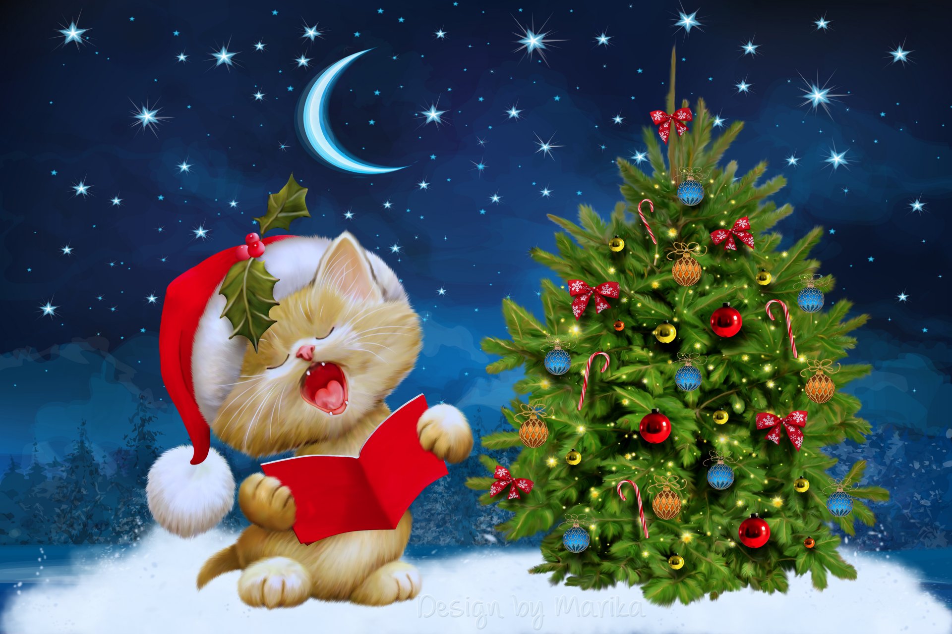 diseño marica feliz navidad noche árbol gatito santa nieve invierno año nuevo nochebuena luna estrellas invierno árbol de navidad