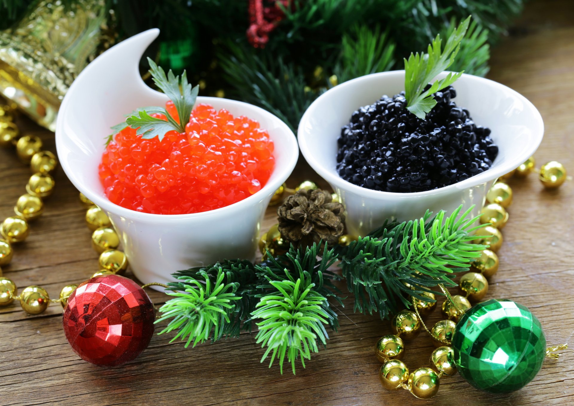 año nuevo caviar rojo negro comida lujo árbol de navidad bolas cuentas