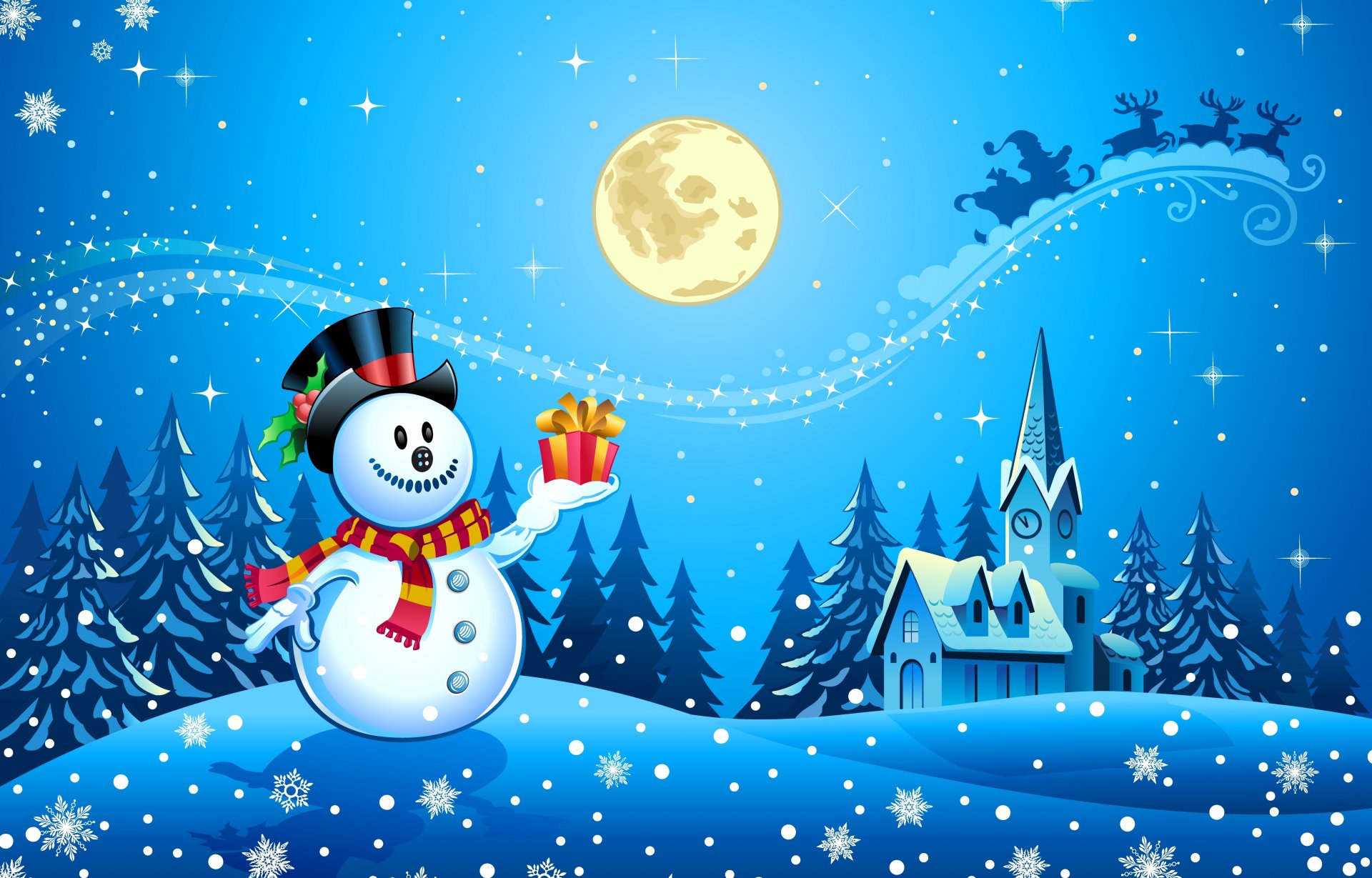 nouvel an bonhomme de neige joyeux noël neige arbres écharpe ville de glace pleine lune père noël renne maison horloge minuit joyeux noël père noël sommeil