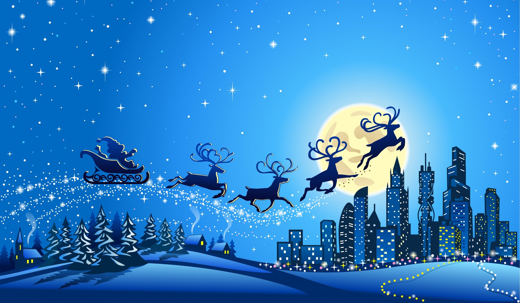 new year merry christmas snow trees icy town full moon deer houses stars vector santa claus is coming city reindeer graphics santa claus is coming g