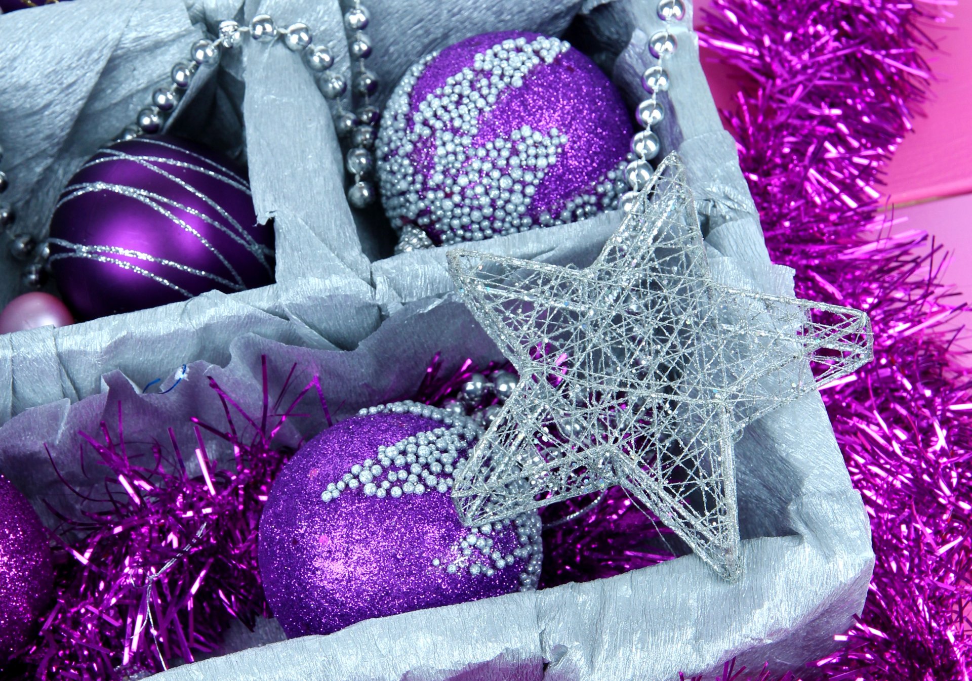 balls balls purple lilac star rain tinsel box decorations toys christmas tree holidays winter new year christma