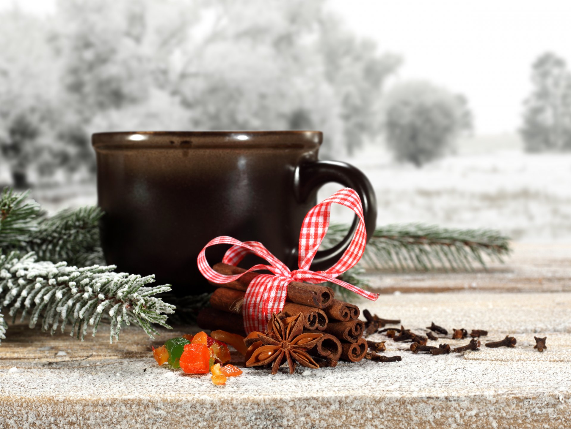 prazniki cinnamon branch belt pine snow cup tea coffee winter twig ribbon pine tree