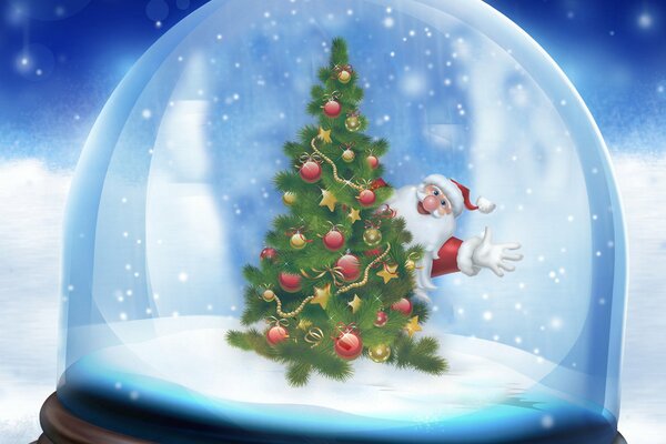 Babbo Natale e albero di Natale in un globo di neve