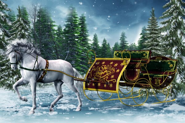 Cavallo bianco che trasporta un ricco carro d oro attraverso una foresta di conifere innevata