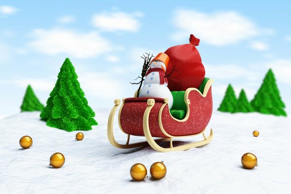 A snowman with a red bag in Santa Claus sleigh