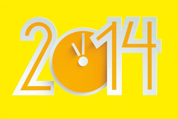 Los números de 2014 son de color naranja sobre un fondo amarillo, donde el cero es en forma de reloj