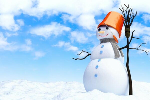 Bonhomme de neige joyeux avec un balai et un seau orange sur la tête