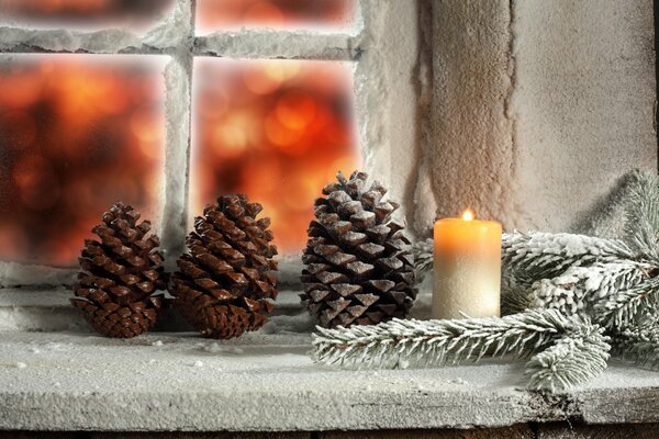 Fir cones with a candle stand in front of the window