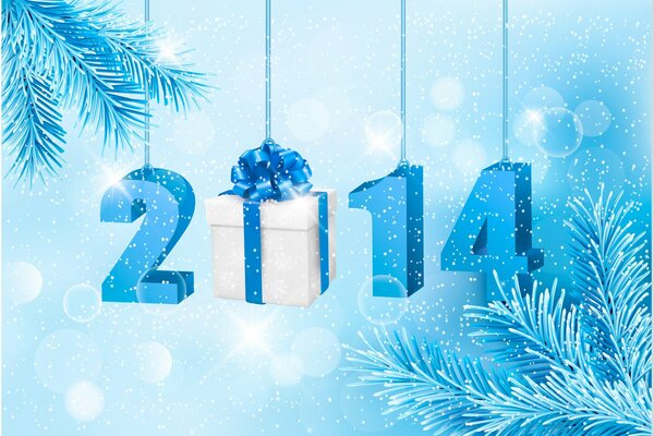 New Year s background 2014 in blue style with spruce branches and with a gift