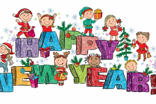 Feliz año nuevo con juguetes y niños