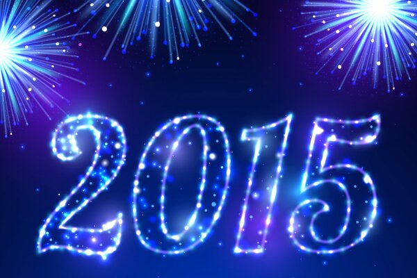 On a dark blue background there is a glowing inscription 2015 and fireworks