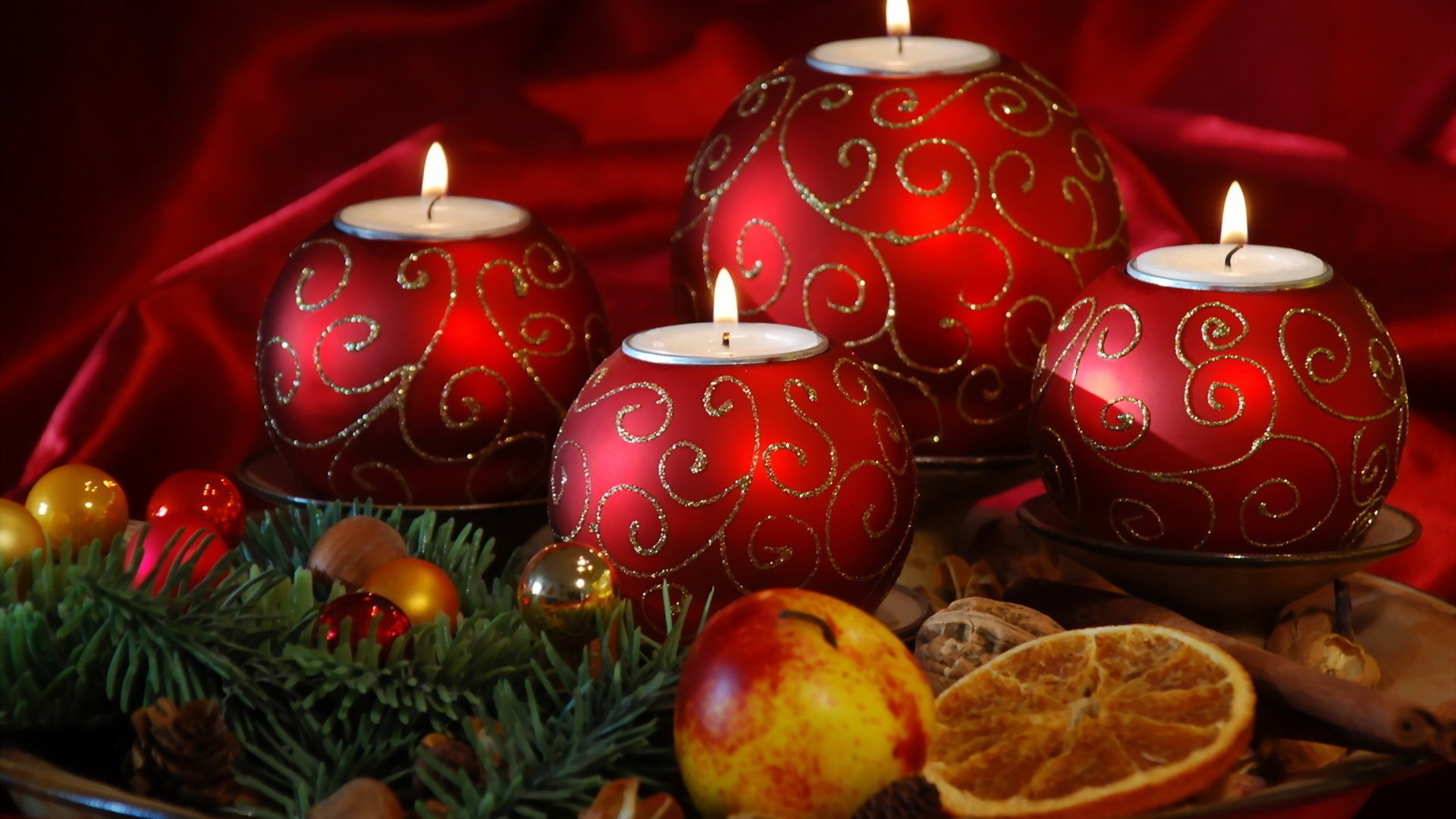 new year holiday candles needles balls apple orange christma