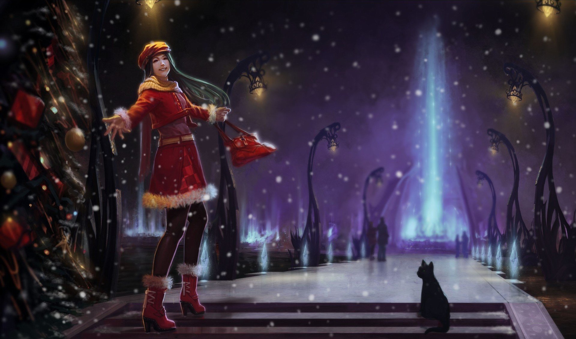 art winter snow night girl cat fun alley lamps light