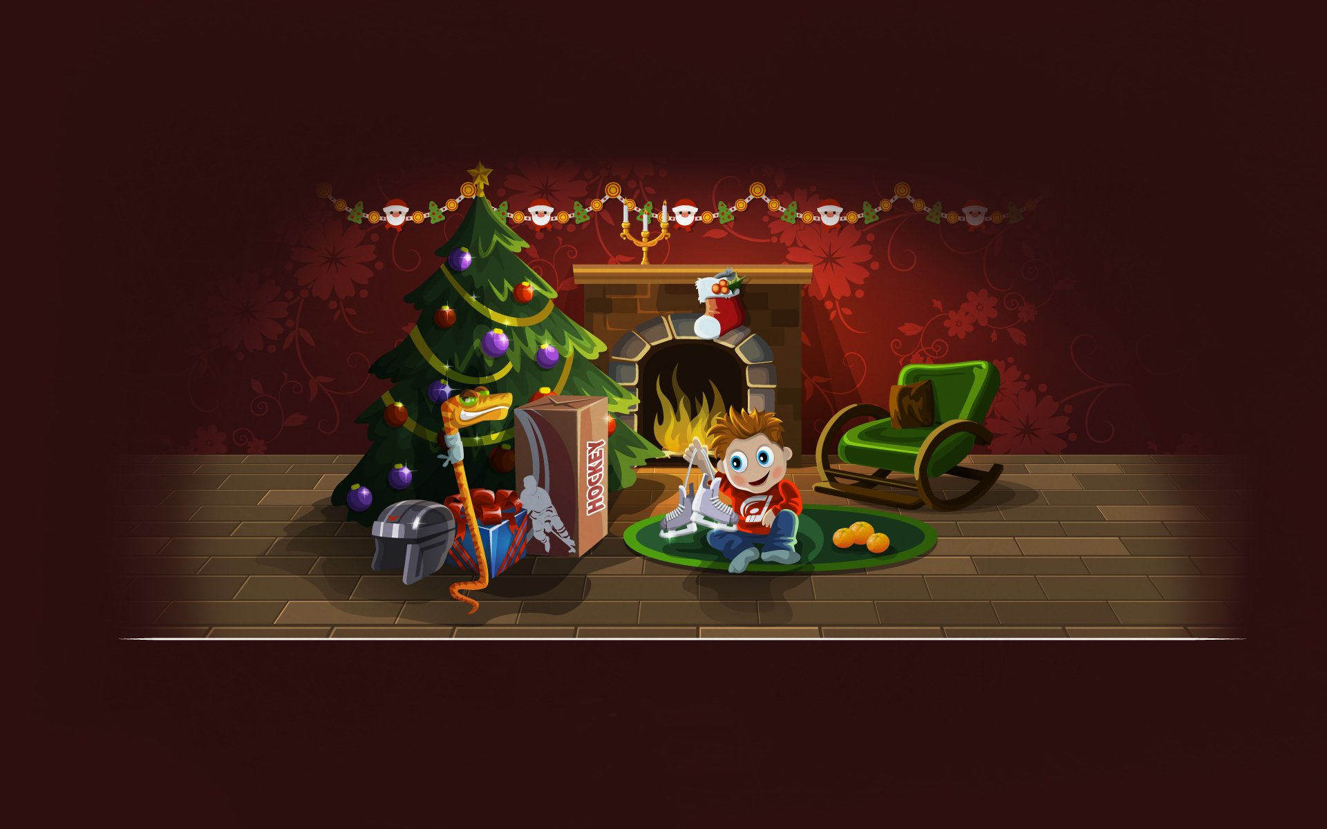 año nuevo feliz navidad navidad año de la serpiente serpiente regalos árbol de navidad hockey chimenea patines casco niño