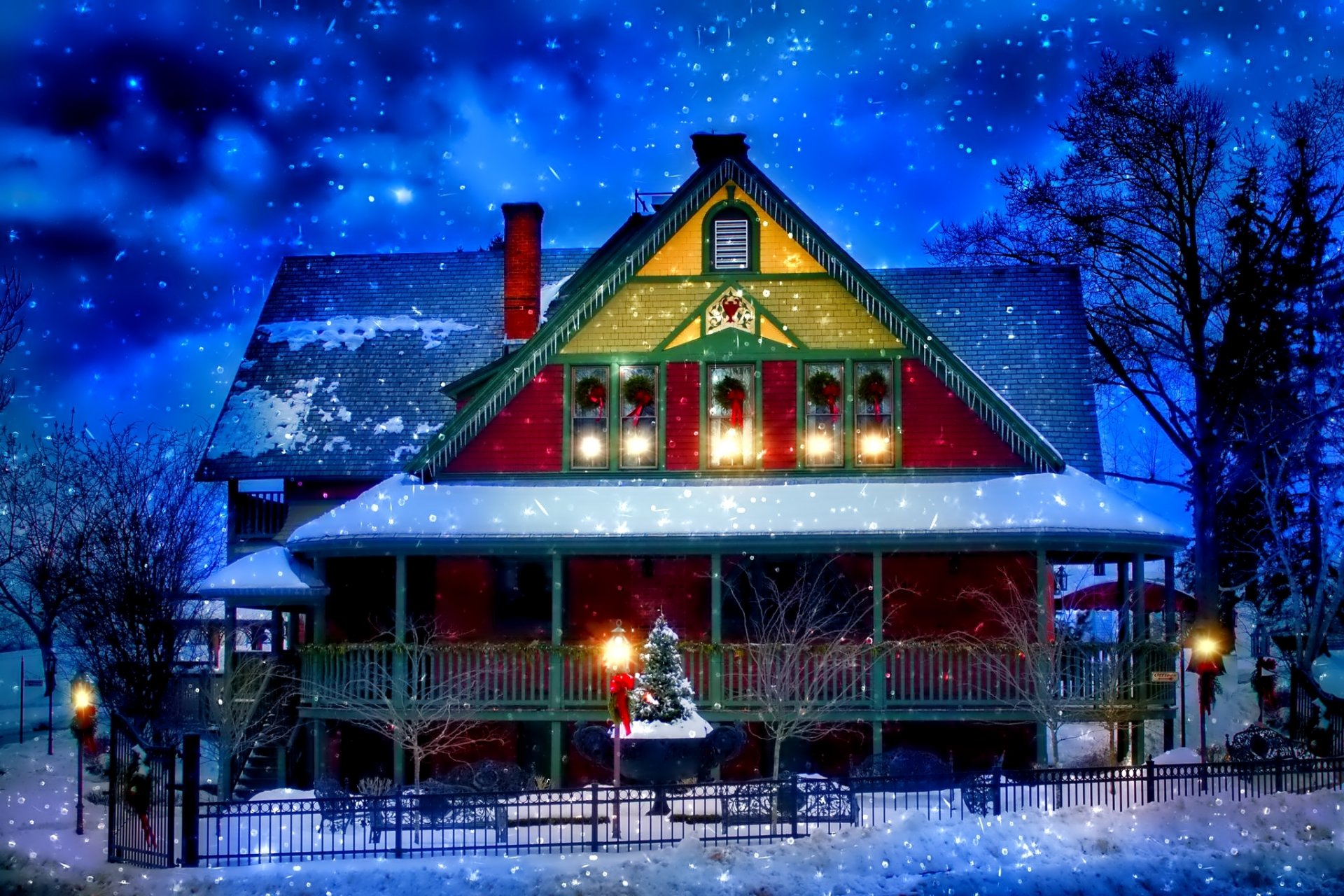 winter snow house decoration fence holiday new year christmas lights christmas tree tree light night