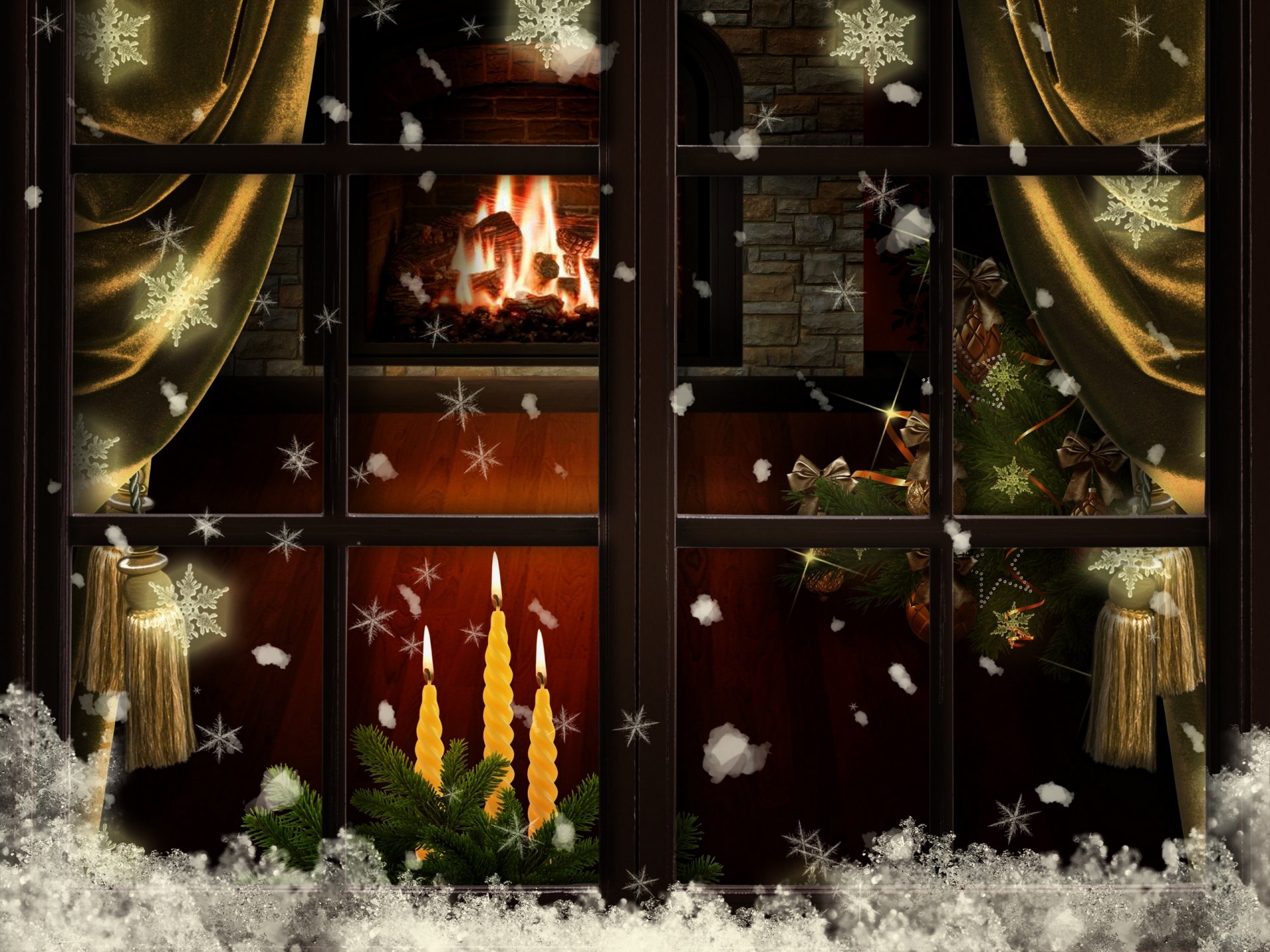 new year christmas window snow snowflakes christmas tree candles decoration curtains fireplace