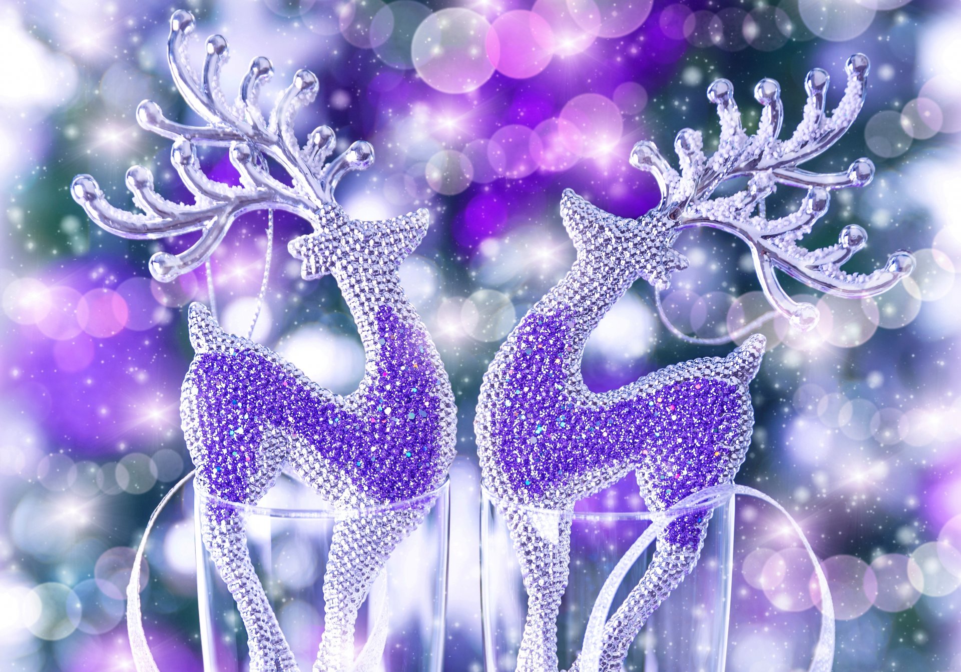 new year christmas winter holidays toys reindeer purple stones crystals sequins shine glasses bokeh scenery