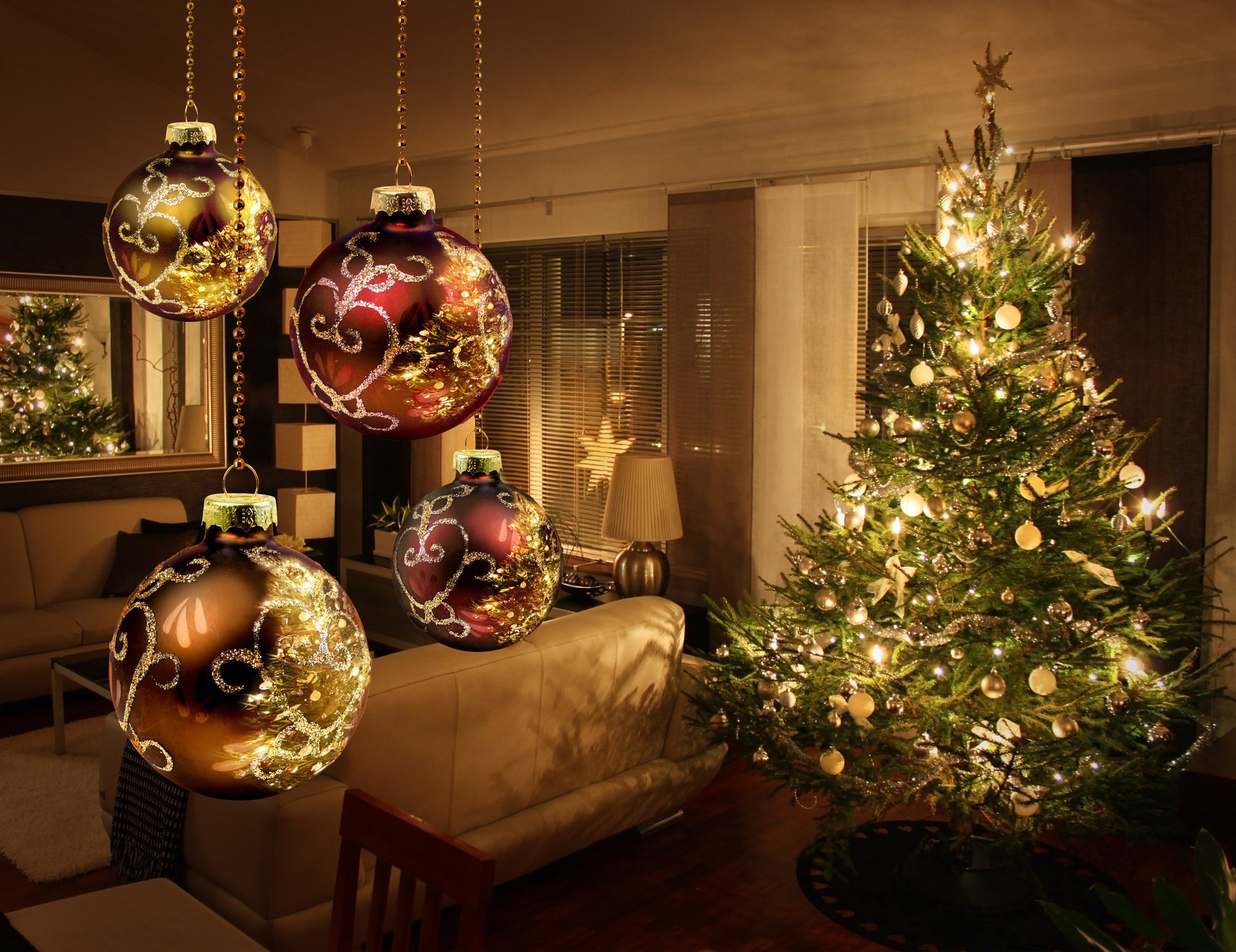 frohe weihnachten neujahr weihnachtsbaum ornament dekoration interieur lichtkugeln laternen weihnachtsbaum dekor lichtkugeln lichter