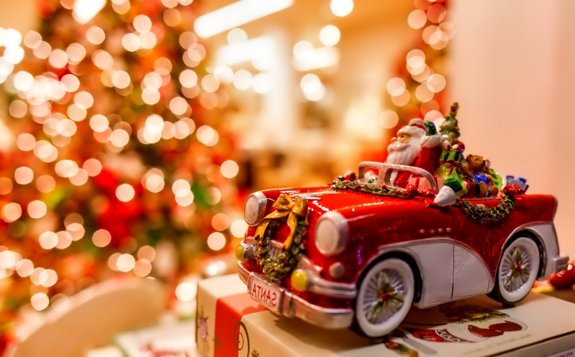 nuovo anno di natale babbo natale giocattolo vacanza auto regalo bokeh luci