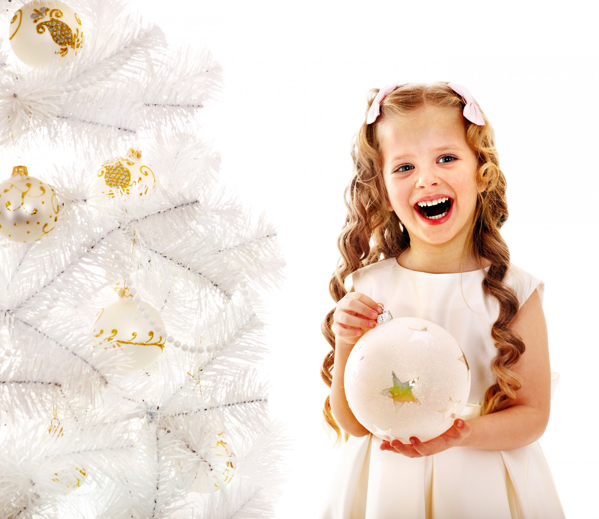 girl child smile children bows locks christmas tree present holidays new year christma