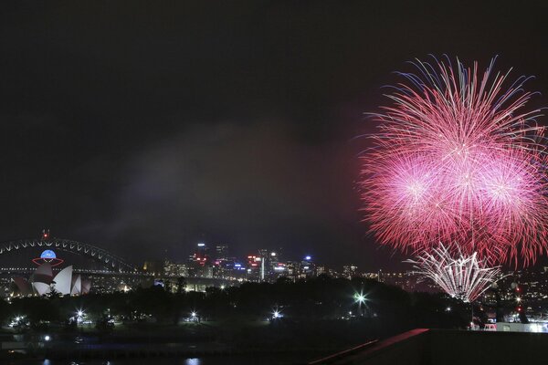 Nächtliches Sydney mit hellem rosa Feuerwerk am Himmel