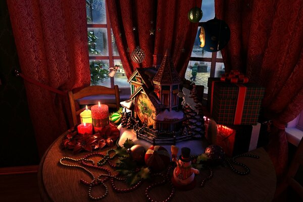 Table avec décorations de Noël et cadeaux