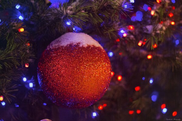 Red Christmas ball with snow on the Christmas tree