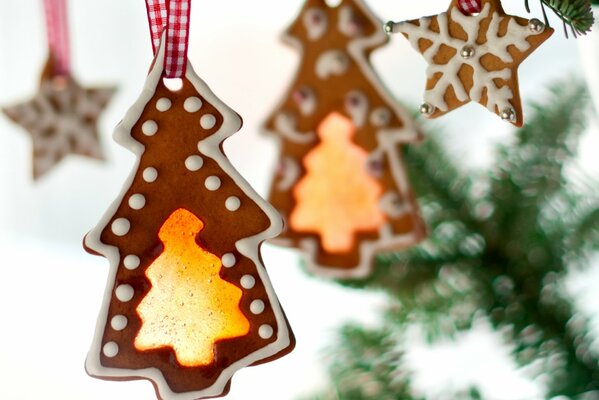 Ginger cookies in the shape of Christmas trees and stars