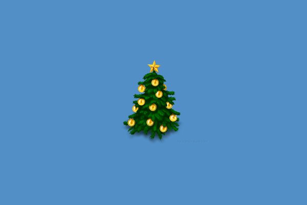 Weihnachtsbaum mit goldenen Kugeln und Stern auf der Oberseite auf blauem Hintergrund