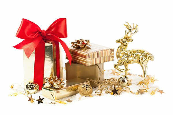 Golden gifts with deer and bells